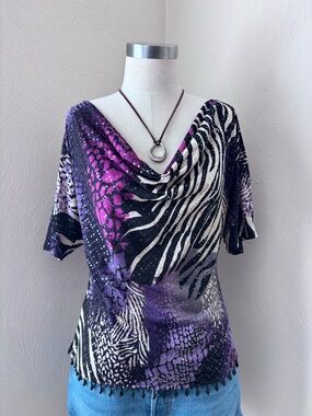 MSK Purple and Black Animal Print Cowl Neck Beaded Top